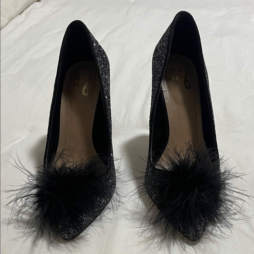 Mix No. 6 Black Glitter Heels with Feather Accent